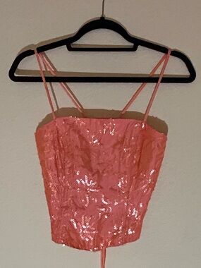 City Vintage Pink Sequin Corset Camisole with Tie-Back